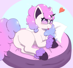 Size: 3236x3000 | Tagged: safe, artist:marshmallowfluff, galarian ponyta, pony, ponyta, :p, butt, colored hooves, curly mane, curly tail, female, glasses, high res, looking at you, multicolored hair, plot, pokémon, tongue out