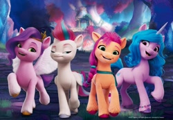 Size: 1638x1134 | Tagged: safe, izzy moonbow, pipp petals, sunny starscout, zipp storm, earth pony, pegasus, pony, unicorn, g5, my little pony: a new generation, official, bridlewood, female, green eyes, mare, merchandise, puzzle, ravensburger