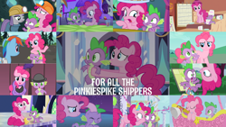Size: 1280x721 | Tagged: safe, edit, edited screencap, editor:quoterific, screencap, maud pie, pinkie pie, rainbow dash, rarity, spike, dragon, earth pony, pegasus, pony, unicorn, a canterlot wedding, amending fences, fall weather friends, g4, it's about time, may the best pet win, over a barrel, owl's well that ends well, rock solid friendship, school daze, season 1, season 2, season 3, season 5, season 7, season 8, season 9, the best night ever, the crystal empire, the last laugh, the mane attraction, ^^, clothes, cute, diapinkes, dress, eating, eyes closed, female, food, hat, hot air balloon, ice cream, in which pinkie pie forgets how to gravity, male, mare, night, one eye closed, open mouth, pinkie being pinkie, pinkie physics, puffy sleeves, saloon dress, saloon pinkie, scared, ship:pinkiespike, shipping, spikabetes, stallion, straight, twilight's castle, twinkling balloon, whispering