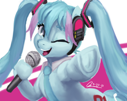 Size: 1280x1024 | Tagged: safe, artist:raphaeldavid, kotobukiya, earth pony, pony, anime, frog (hoof), hatsune miku, headphones, kotobukiya hatsune miku pony, looking at you, microphone, necktie, one eye closed, open mouth, open smile, pointing at you, ponified, smiling, tongue out, underhoof, vocaloid, wink, winking at you