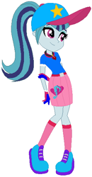 Size: 280x537 | Tagged: safe, artist:selenaede, artist:user15432, sonata dusk, human, equestria girls, g4, base used, base:selenaede, baseball cap, belt, blue dress, cap, clothes, cutie mark, cutie mark on clothes, gloves, golf, hand on arm, hat, jewelry, necklace, palindrome get, pendant, pink socks, shoes, sneakers, socks, solo, sports, sports outfit, sporty style