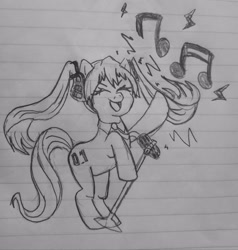 Size: 3072x3222 | Tagged: source needed, safe, artist:siggy, kotobukiya, earth pony, pony, anime, bipedal, female, hatsune miku, high res, kotobukiya hatsune miku pony, mare, microphone, music notes, pencil drawing, ponified, solo, traditional art, vocaloid