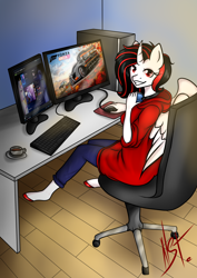 Size: 2894x4093 | Tagged: safe, artist:neosimtea, oc, oc:morningstar darkwater, alicorn, anthro, chair, clothes, coffee, coffee cup, computer, computer mouse, cup, desk, forza horizon 4, headphones, hoodie, keyboard, looking at you, monitor, mousepad, office chair, pants, steam (software), video game