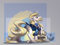 Size: 1873x1405 | Tagged: safe, artist:alrumoon_art, oc, oc only, oc:august song, pony, unicorn, abstract background, beard, clothes, fabulous, facial hair, long mane, long tail, male, moustache, raised hoof, solo, stallion, tail, tail wrap, unshorn fetlocks
