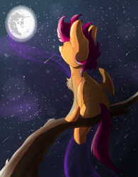 Size: 1500x1926 | Tagged: safe, artist:yuris, scootaloo, pegasus, pony, g4, branches, in a tree, mare in the moon, moon, night, sky, solo, starry night