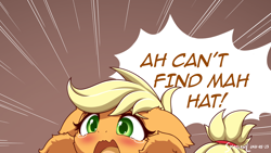 Size: 3200x1800 | Tagged: safe, artist:symbianl, part of a set, applejack, earth pony, pony, g4, adorable distress, angry dog noises, cheek fluff, crying, cute, dialogue, ear fluff, female, floppy ears, fluffy, funetik aksent, hatless, high res, jackabetes, leg fluff, mare, meme, missing accessory, open mouth, solo, speech bubble, teary eyes
