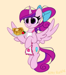 Size: 533x600 | Tagged: safe, artist:kittyrosie, artist:szafir87, princess cadance, alicorn, pony, g4, alternate hairstyle, animated, apron, blushing, bow, clothes, cute, cutedance, female, flying, food, gif, hair bow, herbivore, mare, ponytail, simple background, smiling, solo, strawberry, szafir87 is trying to murder us, waffle