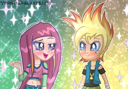 Size: 1163x815 | Tagged: safe, artist:diamond-bases, artist:lumi-infinite64, artist:prismagalaxy514, human, equestria girls, g4, barely eqg related, base used, cartoon network, clothes, crossover, equestria girls style, equestria girls-ified, gradient background, johnny test, johnny test (character), looking at each other, open mouth, roxy (winx club), sparkly, sparkly background, winx club