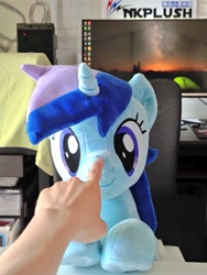 Size: 768x1024 | Tagged: safe, artist:nekokevin, minuette, human, pony, unicorn, g4, boop, chair, computer screen, female, irl, irl human, looking at you, mare, offscreen character, photo, plushie, sitting, smiling, solo, table, underhoof
