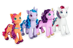 Size: 1920x1280 | Tagged: safe, izzy moonbow, pipp petals, sunny starscout, zipp storm, earth pony, pegasus, pony, unicorn, g5, official, female, group, irl, mare, photo, play by play, plushie, quartet, simple background, transparent background