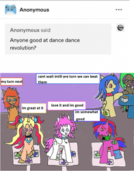 Size: 1211x1545 | Tagged: safe, artist:ask-luciavampire, oc, alicorn, earth pony, pegasus, pony, unicorn, ask ponys gamer club, ask, dancing, game, tumblr