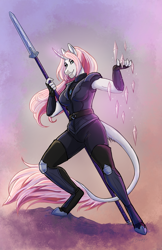 Size: 950x1468 | Tagged: safe, artist:leahbriere, oc, oc only, oc:rosie quartz, unicorn, anthro, unguligrade anthro, armor, commission, crystal, curved horn, female, guardsmare, horn, leonine tail, mare, royal guard, smiling, solo, spear, unicorn oc, weapon