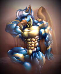 Size: 2500x3000 | Tagged: safe, artist:rizzyofen, oc, oc only, oc:lightning rider, pegasus, anthro, abs, biceps, bodybuilder, clothes, costume, deltoids, high res, male, male nipples, muscles, muscular male, muscular stallion, nipples, nudity, partial nudity, pecs, pegasus oc, solo, stallion, suit, topless, uniform, wings, wonderbolts uniform