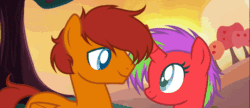 Size: 1183x512 | Tagged: safe, artist:sofk, oc, oc only, oc:lucky, oc:starbrighté, pegasus, pony, unicorn, animated, apple, apple tree, boop, colored pupils, curved horn, cute, eye contact, eyes closed, female, gif, heart, horn, looking at each other, male, mare, noseboop, nuzzling, show accurate, smiling, stallion, straight, sunset, tree