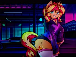 Size: 4096x3047 | Tagged: safe, artist:canvymamamoo, sunset shimmer, pony, unicorn, semi-anthro, g4, arm hooves, bipedal, chest fluff, choker, clothes, ear fluff, female, grin, hoodie, looking at you, mare, retrowave, smiling, solo, stockings, thigh highs, unshorn fetlocks