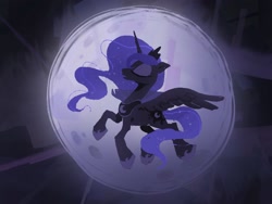 Size: 2224x1668 | Tagged: safe, artist:frozenspots, princess luna, alicorn, pony, g4, eyes closed, female, flying, full moon, mare, moon, profile, solo, spread wings, wings