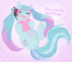 Size: 1864x1590 | Tagged: safe, artist:adostume, kotobukiya, earth pony, pony, anime, blushing, crossover, cute, dock, eyes closed, female, frog (hoof), hatsune miku, headphones, heart, heart pillow, kotobukiya hatsune miku pony, mare, music notes, open mouth, open smile, pigtails, pillow, ponified, simple background, smiling, solo, speech bubble, teeth, text, underhoof, vocaloid