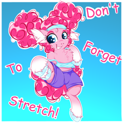 Size: 2500x2500 | Tagged: safe, artist:rurihal, pinkie pie, earth pony, pony, g4, alternate hairstyle, chest fluff, clothes, ear fluff, gradient background, grin, high res, hoof fluff, pinkie puffs, smiling, solo, stretching