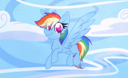 Size: 1000x612 | Tagged: safe, artist:lbrcloud, rainbow dash, pegasus, pony, g4, animated, chest fluff, cloud, flying, missing cutie mark, no pupils, sky, smiling, solo
