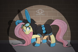 Size: 3000x2000 | Tagged: safe, artist:hrukii, fluttershy, pegasus, pony, bunny ears, clothes, costume, dangerous mission outfit, female, flutterspy, goggles, high res, hoodie, mare, spotlight