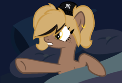 Size: 902x618 | Tagged: safe, artist:rochelle2014, oc, oc only, oc:rochelle, earth pony, pony, ear piercing, earring, earth pony oc, eyelashes, hair over eyes, hat, jewelry, piercing, raised hoof, solo, underhoof