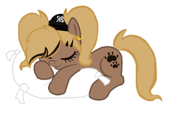 Size: 874x582 | Tagged: safe, artist:rochelle2014, oc, oc only, oc:rochelle, earth pony, pony, ear piercing, earring, earth pony oc, eyelashes, hat, jewelry, piercing, pillow, simple background, sleeping, smiling, solo, white background