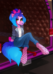 Size: 1400x1950 | Tagged: safe, artist:zlatavector, oc, oc only, oc:neon synthwave, earth pony, anthro, bow, bubblegum, car, clothes, commission, crowbar, female, fishnet stockings, food, gum, hair bow, mare, solo