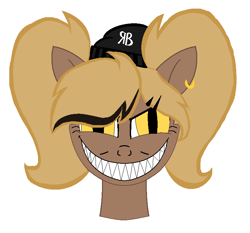 Size: 782x730 | Tagged: safe, artist:rochelle2014, oc, oc only, oc:rochelle, earth pony, pony, bust, ear piercing, earring, earth pony oc, eyelashes, grin, hat, jewelry, piercing, sharp teeth, simple background, smiling, solo, teeth, white background