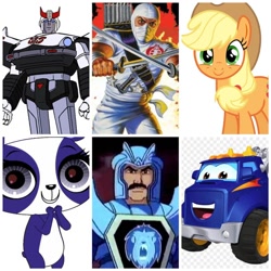 Size: 1080x1080 | Tagged: safe, artist:theloudfanart2004, applejack, bear, earth pony, human, panda, pony, anthro, g4, car, crossover, female, g.i. joe, hat, littlest pet shop, mare, penny ling, prowl, six fanarts, storm shadow, the adventures of chuck & friends, transformers, visionaries: knights of the magical light