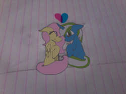 Size: 737x553 | Tagged: safe, artist:amanda victoria, fluttershy, oc, oc:igames, pegasus, pony, unicorn, g4, digital art, paper, shipping