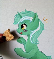 Size: 3120x3357 | Tagged: safe, artist:meqiopeach, lyra heartstrings, pony, unicorn, g4, blushing, cookie, cute, fanart, food, hand, high res, hoof hold, irl, lyrabetes, paint, photo, real life background, solo, surprised, traditional art
