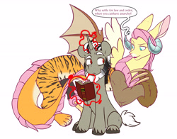 Size: 5316x4170 | Tagged: safe, artist:chub-wub, discord, fluttershy, draconequus, pony, unicorn, g4, beard, book, dialogue, draconequified, duo, facial hair, female, floating, flutterequus, glowing horn, horn, levitation, magic, magic aura, male, mismatched wings, pony discord, role reversal, simple background, sitting, species swap, speech bubble, stallion, telekinesis, unshorn fetlocks, white background, wings