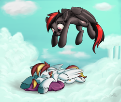Size: 3000x2520 | Tagged: safe, artist:silverhopexiii, oc, oc only, oc:shining sky, unnamed oc, pegasus, pony, cloud, duo, eyes closed, grin, high res, nose wrinkle, on a cloud, pegasus oc, pounce, sleeping, sleeping on a cloud, smiling, unshorn fetlocks