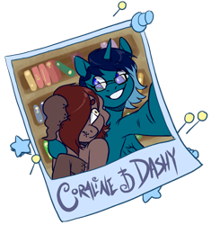Size: 700x745 | Tagged: safe, artist:lavvythejackalope, oc, oc only, alicorn, pony, alicorn oc, bust, commission, duo, glasses, grin, hair over one eye, horn, indoors, one eye closed, photo, selfie, side hug, smiling, wings, wink, ych result
