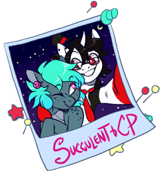 Size: 700x745 | Tagged: safe, artist:lavvythejackalope, oc, oc only, earth pony, pony, unicorn, bust, commission, crescent moon, duo, earth pony oc, freckles, glasses, grin, horn, moon, necktie, night, one eye closed, photo, selfie, side hug, smiling, stars, unicorn oc, wink, ych result