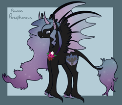 Size: 1750x1500 | Tagged: safe, artist:misskanabelle, oc, oc only, oc:persephoneia, demon, demon pony, pony, abstract background, ethereal mane, ethereal wings, female, hoof fluff, horns, hybrid wings, leonine tail, mare, signature, solo, starry mane, wings