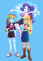 Size: 1448x2048 | Tagged: safe, artist:binco_293, applejack, rainbow dash, rarity, human, equestria girls, g4, applejack is not amused, armpits, arms in the air, boots, clothes, cowboy boots, dress, female, football, hands in the air, legs, lesbian, ship:rarijack, shipping, shoes, shorts, simple background, skirt, sleeveless, sleeveless dress, sparkles, sports, sweater, trio, unamused