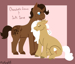 Size: 1750x1500 | Tagged: safe, artist:misskanabelle, oc, oc only, oc:chocolate jimmies, oc:soft serve, earth pony, pony, unicorn, abstract background, colored hooves, duo, earth pony oc, freckles, horn, nuzzling, signature, unicorn oc