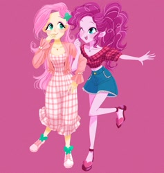 Size: 1945x2048 | Tagged: safe, artist:binco_293, fluttershy, pinkie pie, equestria girls, g4, clothes, eyebrows, eyebrows visible through hair, female, legs, lesbian, looking at each other, one eye closed, open mouth, open smile, pink background, ship:flutterpie, shipping, shorts, simple background, smiling, smiling at each other