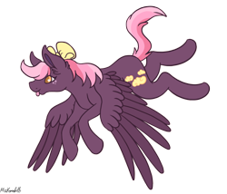 Size: 1750x1500 | Tagged: safe, artist:misskanabelle, oc, oc only, oc:dusky sky, pegasus, pony, :p, bow, female, flying, hair bow, mare, pegasus oc, signature, simple background, solo, tongue out, transparent background, wings