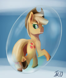 Size: 1600x1887 | Tagged: safe, artist:tenebrisnoctus, part of a set, applejack, earth pony, pony, g4, applejack's hat, bubble, cloven hooves, cowboy hat, crepuscular rays, doodle, female, green eyes, hat, in bubble, looking back, ocean, request, signature, solo, tail, underhoof, underwater, unshorn fetlocks, water