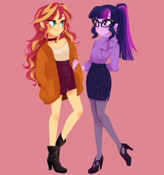 Size: 1409x1512 | Tagged: safe, artist:binco_293, sci-twi, sunset shimmer, twilight sparkle, human, equestria girls, g4, clothes, female, geode of empathy, glasses, high heels, legs, lesbian, looking at each other, magical geodes, ship:sci-twishimmer, ship:sunsetsparkle, shipping, shoes, simple background, skirt