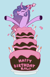 Size: 1030x1594 | Tagged: safe, artist:misskanabelle, oc, oc only, oc:aurora star, pony, unicorn, birthday cake, cake, curved horn, eyes closed, female, food, happy birthday, hat, horn, mare, party hat, signature, simple background, smiling, solo, unicorn oc