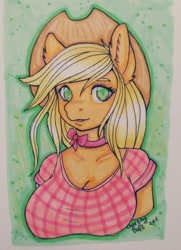 Size: 1400x1935 | Tagged: safe, artist:cheezayballz, applejack, earth pony, anthro, g4, applejack's hat, breasts, bust, busty applejack, clothes, cowboy hat, female, green background, hat, marker drawing, portrait, shirt, signature, simple background, solo, traditional art