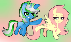 Size: 883x526 | Tagged: safe, artist:mystic galaxy, fluttershy, oc, oc:igames, g4, shipping