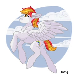 Size: 700x703 | Tagged: safe, artist:ortie, oc, oc only, oc:shining sky, pegasus, pony, flying, happy, male, pegasus oc, sky, solo, stallion, wings