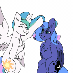 Size: 768x768 | Tagged: safe, artist:valkiria, princess celestia, princess luna, alicorn, pony, g4, animated, boop, chest fluff, concave belly, cute, cutelestia, duo, duo female, eye clipping through hair, eyes closed, female, frame by frame, frown, head pat, horn, luna is not amused, lunabetes, mare, pat, royal sisters, s1 luna, siblings, simple background, sisters, sitting, smiling, unamused, wings