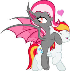 Size: 4114x4196 | Tagged: safe, artist:stockpiston, oc, oc:miabat, oc:shining sky, bat pony, pegasus, pony, bat pony oc, female, female on male, grin, male, pegasus oc, riding, smiling, straight, tail, wings