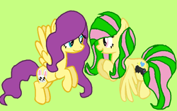 Size: 690x432 | Tagged: safe, artist:liikeasweet tfm, oc, oc:fluttergames, oc:liikeasweet, green background, simple background