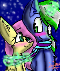 Size: 240x282 | Tagged: safe, artist:kawaii cat br, fluttershy, oc, oc:igames, g4, blushing, canon x oc, clothes, female, magic, male, scarf, shared clothing, shared scarf, shipping, straight